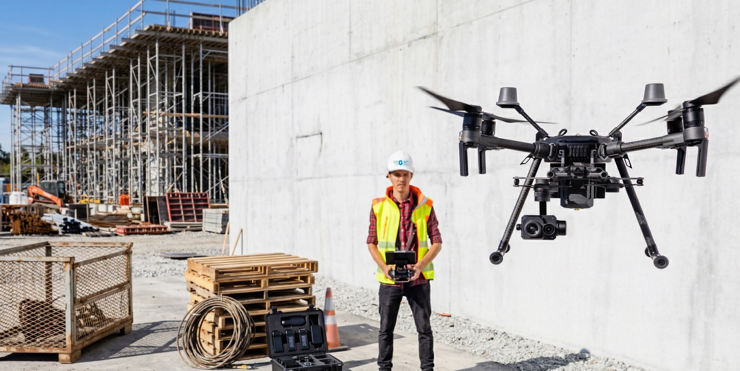 Construction site with drone operator